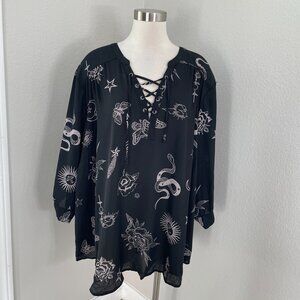 Torrid Harper Womens Plus 5X Black Tattoo Print Lace Up Blouse Roll Tab Sleeve